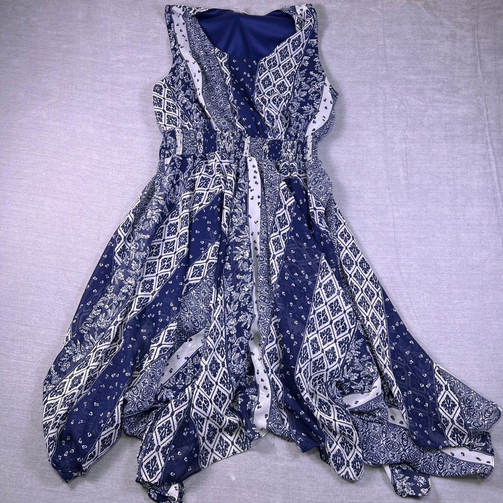 J‎ Lee Bandana Print Smocked Waist Handkerchief Hem Dress Womens 2X Blue White